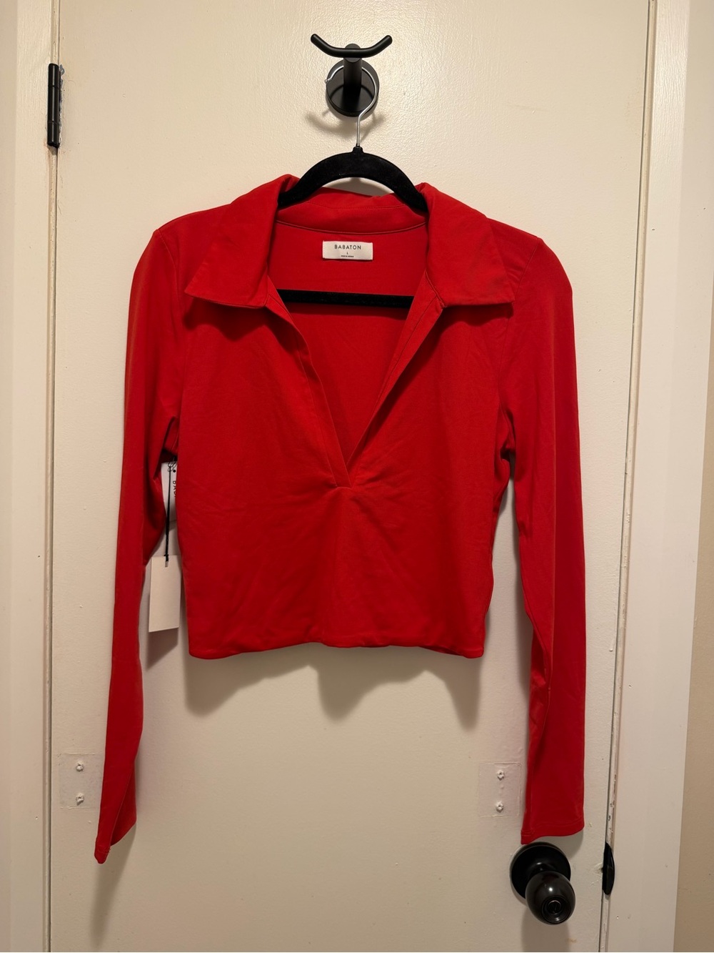 Babaton Cherry Red Collared V-Neck Long Sleeve Crop Top